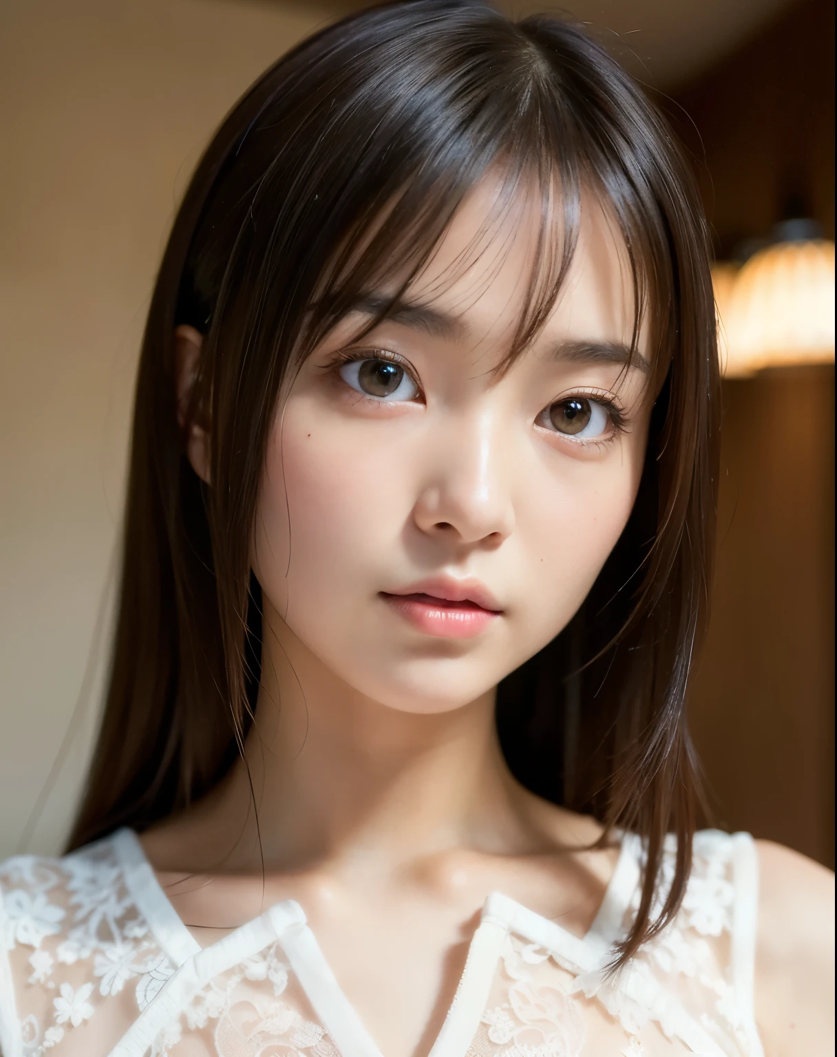 best quality, face focus, soft light, ultra high res, (photorealistic:1.4), RAW photo,
1japanese girl, solo, cute, (pupil, lights in the eyes),  detailed beautiful face, (small chest),(high resolution detail of human skin texture),
(long hair),
indoor,
Damask Shirt Dress,
(portrait)