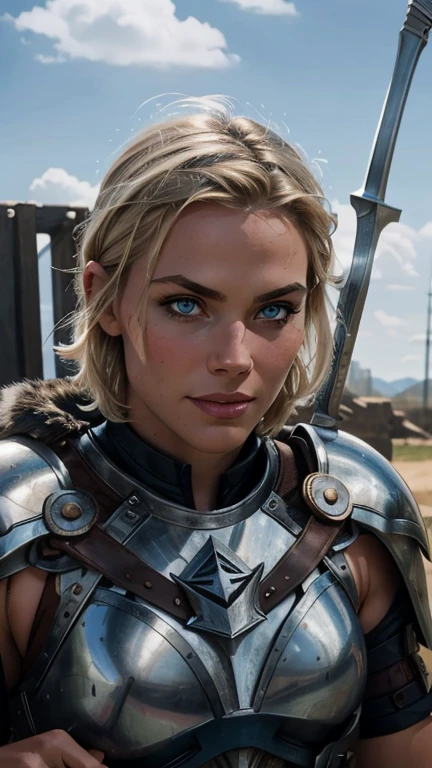 belligerent girl, Valkyrie, bold and beautiful, Short blond hair, Blue eyes, smile, Predator's Gaze, Developing hair, A look over the shoulder, Sparkling steel, Bow and arrows, weapon, heat of battle, battle, Clouds, realistic photo, high quality, masterpiece, detailed study.