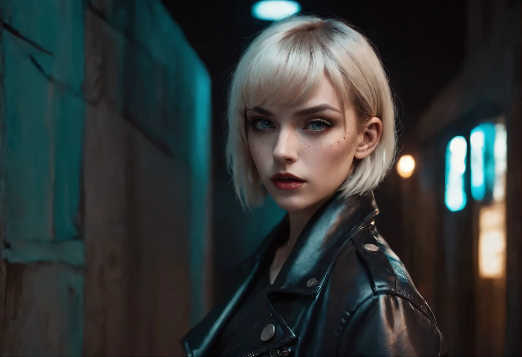 (Best Quality,hight resolution,Masterpiece, portrait:1.2),Ultra-detailed, photography of a blonde tattooed woman, dressed in leather jacket, standing in a alley at night, teal neon lights, piercings and tattoes,fetish,dark fashion photography, beautiful woman, gritty texture,warped reality,melancholic expression on her face,mysterious aura, dark atmosphere, noir scenario, ominous vibe,A supernatural sensation,Loss of Place in Time and Space,Eerie silence.asymmetrical bangs, freckles, blonde short hair, Bangs, freckles, gray eyes,