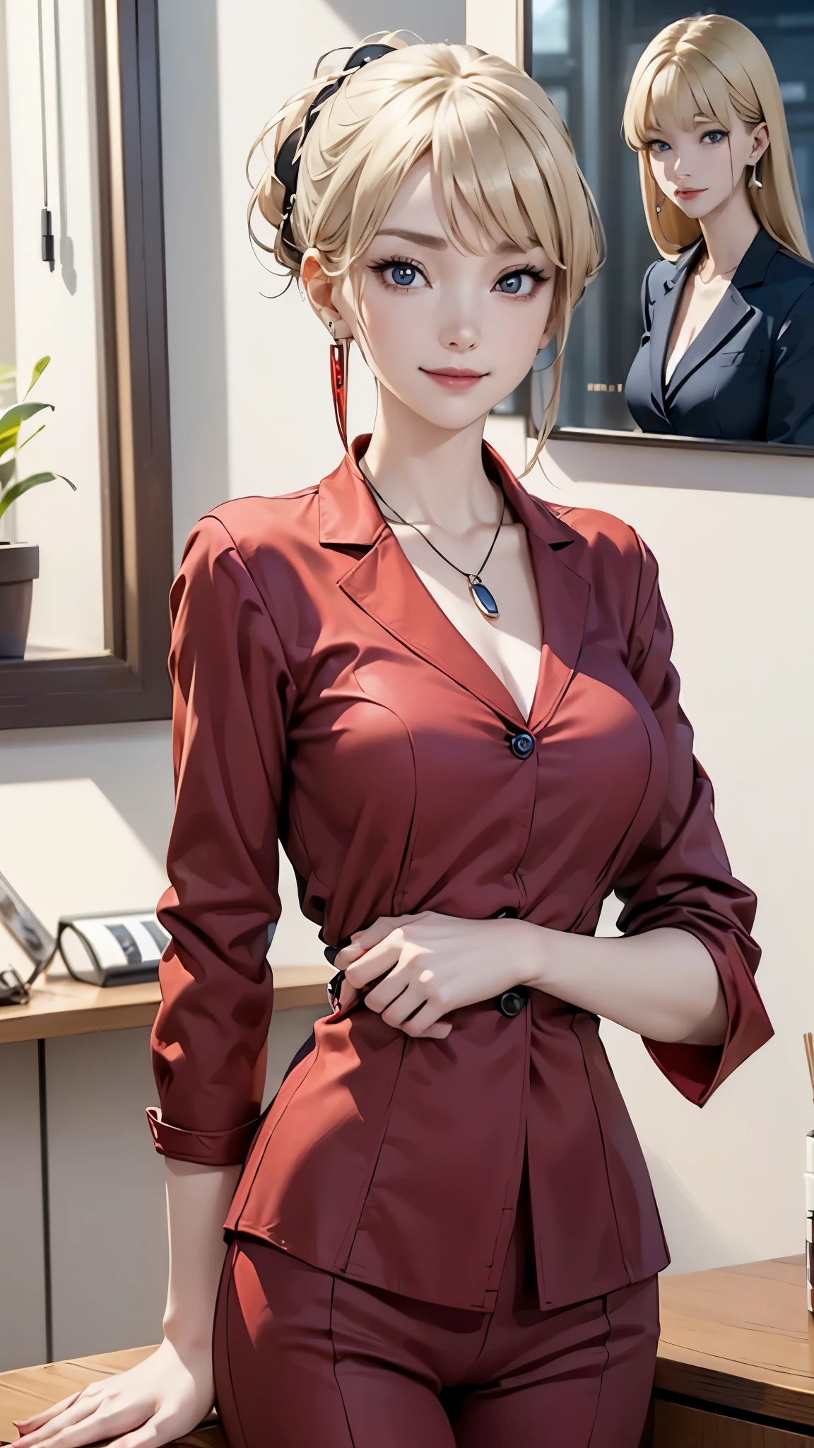 ((Biologically correct limb and finger count))、((standing position))、masterpiece、((focus on the face))、((Symmetrical facial features))、Eyes with detailed description、Beautiful woman、outstanding style、Detailed depiction of faces、earrings、necklace、(uniform、suit）、smile、OL、Office work scene,