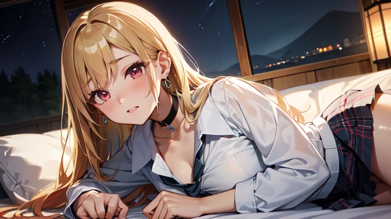 master piece,best quality,ultra detailed,8k, ambient light,realistic skin,glossy skin,
(kitagawa marin, 1girl, blonde hair, long hair, multicolored hair, red eyes, jewelry, earrings, piercing, , white shirt, tied shirt, black choker, blue necktie, plaid skirt)、(sailor senshi uniform)、Clothes are severely torn、
(lie on bed)、from front:1.3、(the body is very wet:1.3)、transparent skin、constriction、(delicate body:1.3)、normal bust、emphasizing the cleavage、 glossy lips、Slightly emphasize the lower lip、blush、embarrassed expression、
fantastic night sky、full moon、aurora、horizon、open-air bath、Japanese inn、Castle、futon