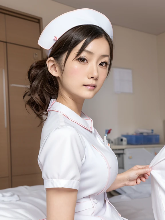 (Chiaki), 20th generation women,1 girl,(Wearing white nurse clothes:1.2),(Raw photo, highest quality), (realistic, photo-realistic:1.4), masterpiece, very delicate and beautiful, very detailed, 2k wallpaper, wonderful, finely, very detailed CG unity 8k wallpaper, Super detailed, High resolution, soft light, beautiful detailed girl, very detailed eyes and face, beautifully detailed nose, finely beautiful eyes, nurse, perfect anatomy, black hair, up style, nurse uniform, ((nurse cap)), long skirt, nurse, white costume, thin, hospital, clear, White uniform, hospital room, Neck auscultation, small breasts, close up face