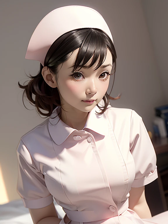 (Chiaki), 20th generation women,1 girl,(Wearing white nurse clothes:1.2),(Raw photo, highest quality), (realistic, photo-realistic:1.4), masterpiece, very delicate and beautiful, very detailed, 2k wallpaper, wonderful, finely, very detailed CG unity 8k wallpaper, Super detailed, High resolution, soft light, beautiful detailed girl, very detailed eyes and face, beautifully detailed nose, finely beautiful eyes, nurse, perfect anatomy, black hair, up style, nurse uniform, ((nurse cap)), long skirt, nurse, white costume, thin, hospital, clear, White uniform, hospital room, Neck auscultation, (small breasts), close up face