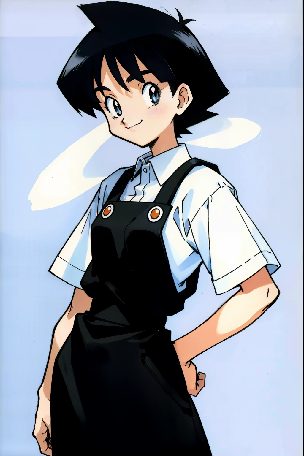 by Ken Sugimori, sugimori 1990s, ((only 1woman)), white collared shirt, black apron, smiling ((hands behind their back)), full black pupils, manga, best quality, highly detailed, clean lines, cowboy shot, good hands, good eyes, hd, 8k, professional, symmetrical, hires, 8k,