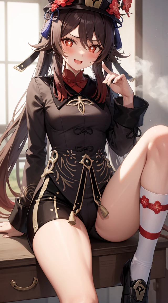 1girl in,Hu Tao,Evil smile,Half-closed eyes,Heart-shaped pupil,blush,Open mouth,yandere,Sweating,Heavy breathing,steam,Sitting,thighs thighs thighs thighs,thighs focus, Spread thighs,small breasts,From below,legs focus,hotpants,hat,red flower in the hat,small breasts,From below,Feet,Bare legged,feet focus,sole of feet,（5 toes 1.5）,Mansuji,detaileds,Top image quality,shiny thighs, knees up,