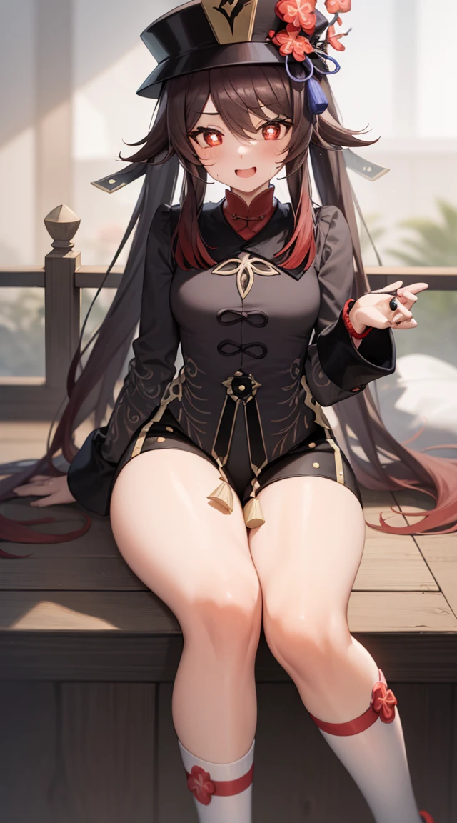 1girl in,Hu Tao,Evil smile,Half-closed eyes,Heart-shaped pupil,blush,Open mouth,yandere,Sweating,Heavy breathing,steam,Sitting,thighs thighs thighs thighs,thighs focus, Spread thighs,small breasts,From below,legs focus,hotpants,hat,red flower in the hat,small breasts,From below,Feet,Bare legged,feet focus,sole of feet,（5 toes 1.5）,Mansuji,detaileds,Top image quality,shiny thighs, knees up,