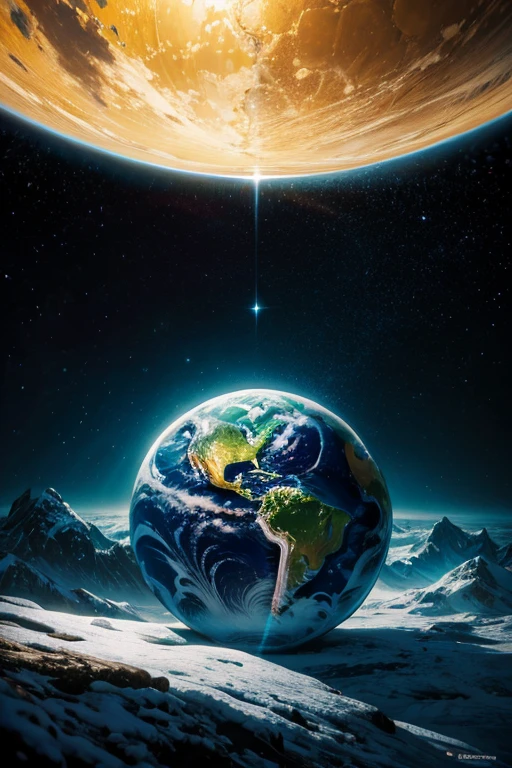 Highly detailed illustration of a world hidden inside a crystal ball, continents on the surface, atmosfera, galaxies in the background, capricious lighting, ambiente encantado, texturas suaves, obra de arte, ethereal glow, back -vibrant plane, rule of thirds, alta qualidade, detalhes altos, luz de fundo