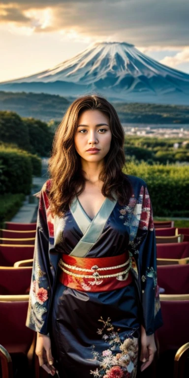 original photo，at sunset，spectacular cloud formations, 8K, best quality, Very detailed, mystery, dark, complicated, upscale, auction:1.2, woman, Japanese kimono, 美丽的woman，tall and sexy，Arrogant atmosphere, 性感的Japanese kimono，split，huge cleavage，Slender long legs，facing the audience，Mount Fuji background