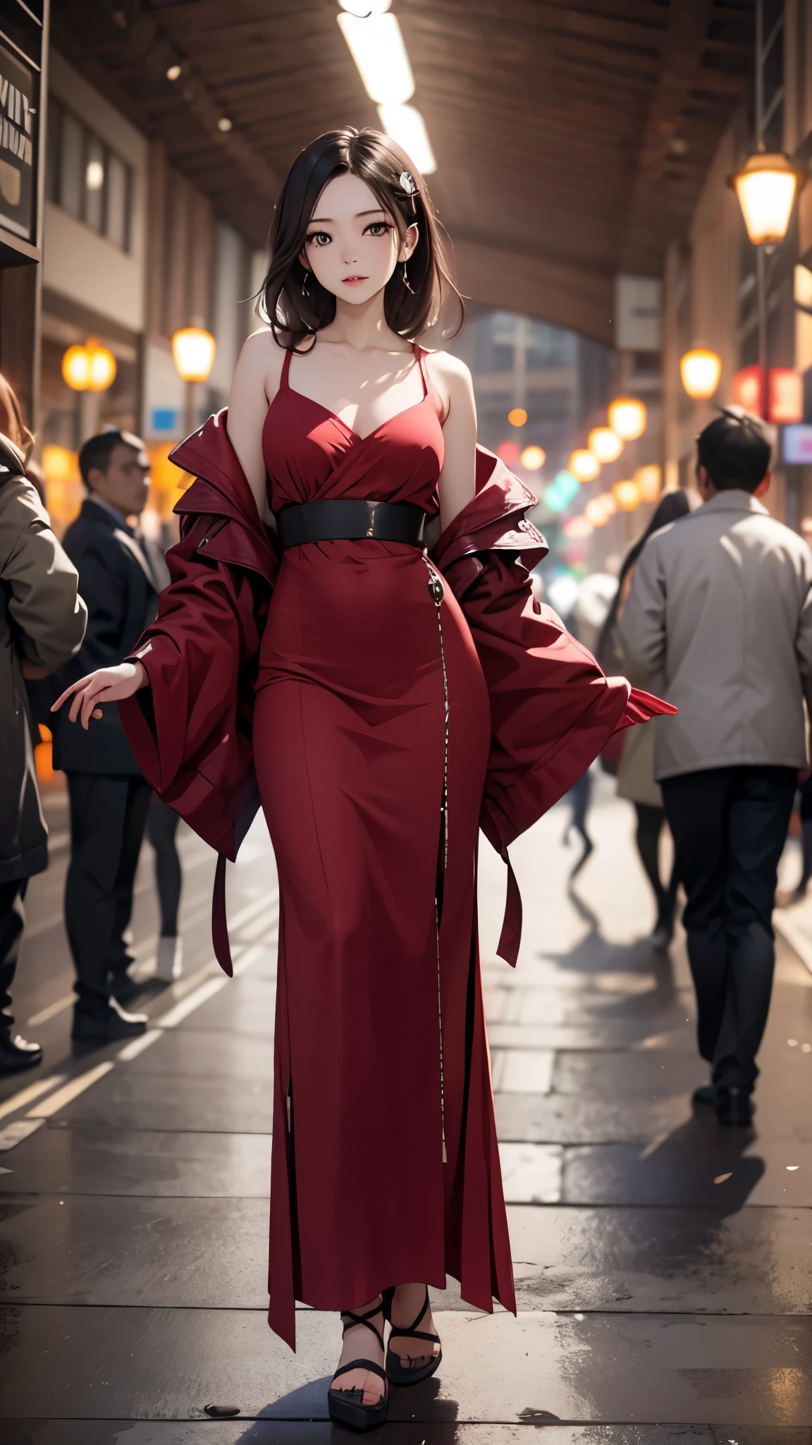 ((Biologically correct number of limbs))、(( Full body photo including face))、4K、((standing position))、masterpiece、((focus on the face))、((Symmetrical facial features))、Eyes with detailed description、Beautiful woman、outstanding style、beautiful arms、beautiful legs、beautiful hands、Detailed depiction of faces、(((National costume)))、The background is the park in the morning、look away、shy look、