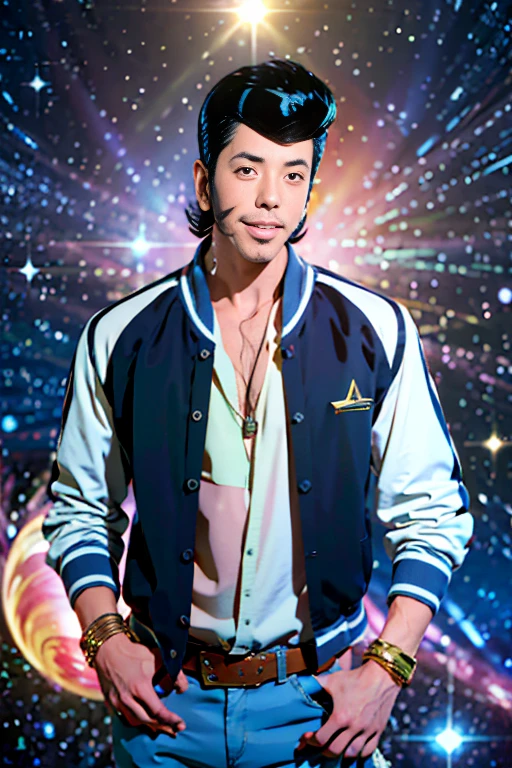 {Space Dandy he's a dandy guy in space}
(highest quality), (masterpiece), (realistic), Super detailed, (looking at the viewer),
1 boy, universe, disco, alone,
dandy, Jacket, (inner shirt), big beady eyes, looks fun, smile,
Destruction Professional Lighting, photon mapping, Physically based rendering