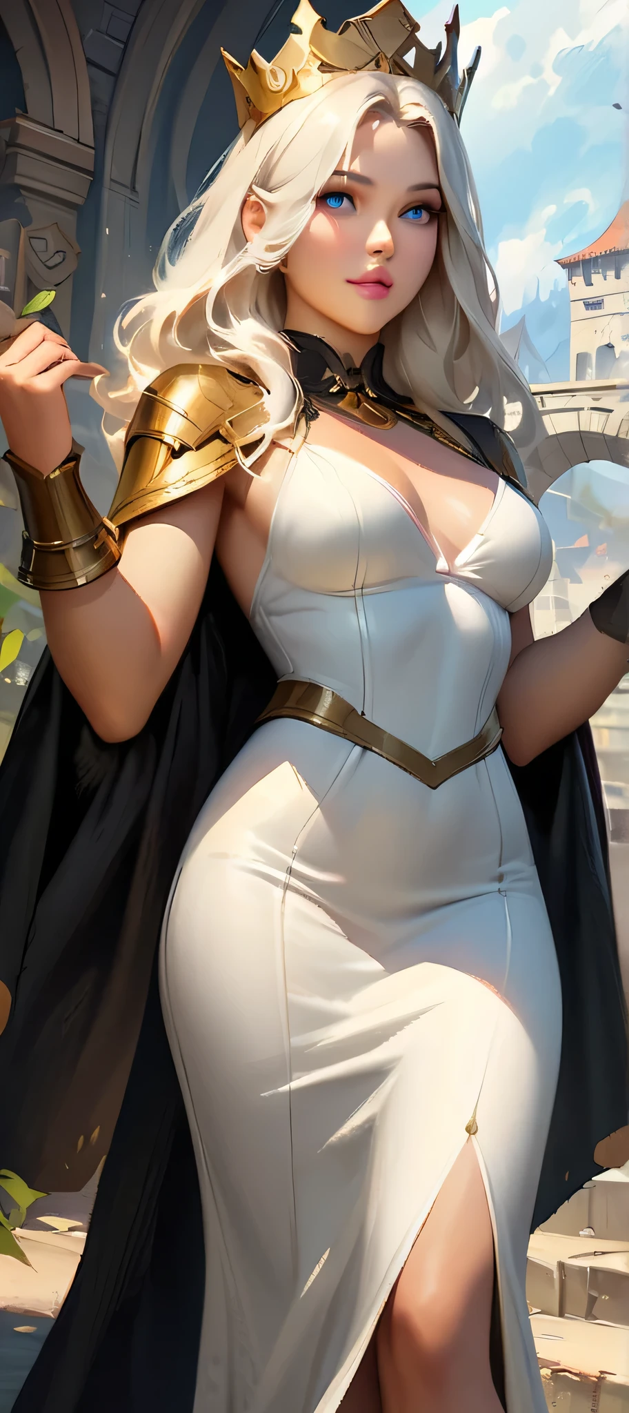 there is a woman in a white dress holding a Music Box, artwork in the style of guweiz, guweiz on pixiv artstation, guweiz on artstation pixiv, guweiz, fantasy art style, guweiz masterpiece, beautiful and elegant queen, beautiful character painting, detailed digital anime art, blonde - haired princess, White hair, sky blue eyes, pink lips