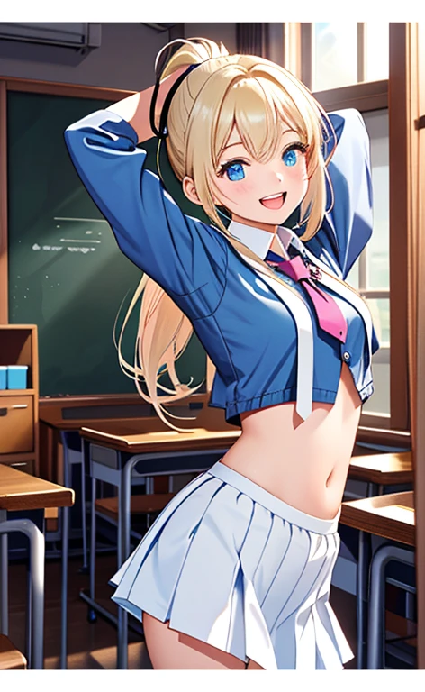 1girl, ayase eli,blonde hair, solo,blue bra,blue panties, blue eyes,classroom, navel, smile, ponytail, white scrunchie, breasts, looking at viewer, blush, arms behind back,medium breasts,closed mouth,pussy