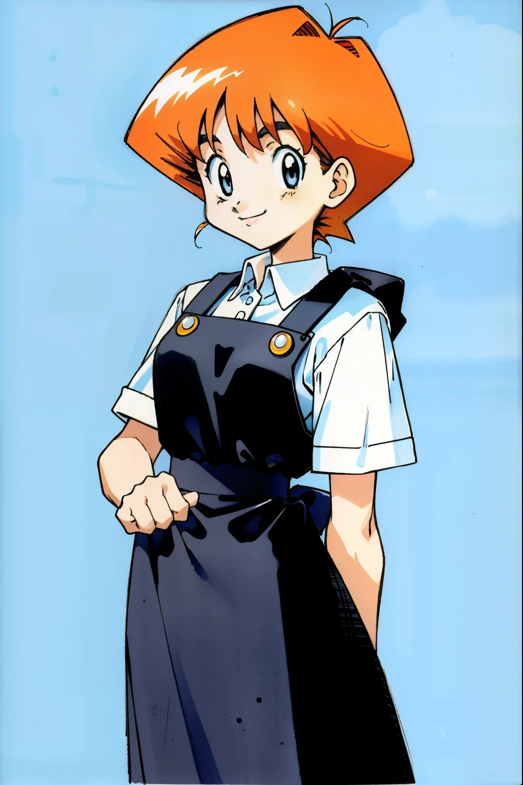 by Ken Sugimori, sugimori 1990s, ((only 1woman)), white collared shirt, black apron, smiling ((hands behind their back)), full black pupils, manga, best quality, highly detailed, clean lines, cowboy shot, good hands, good eyes, hd, 8k, professional, symmetrical, hires, 8k,