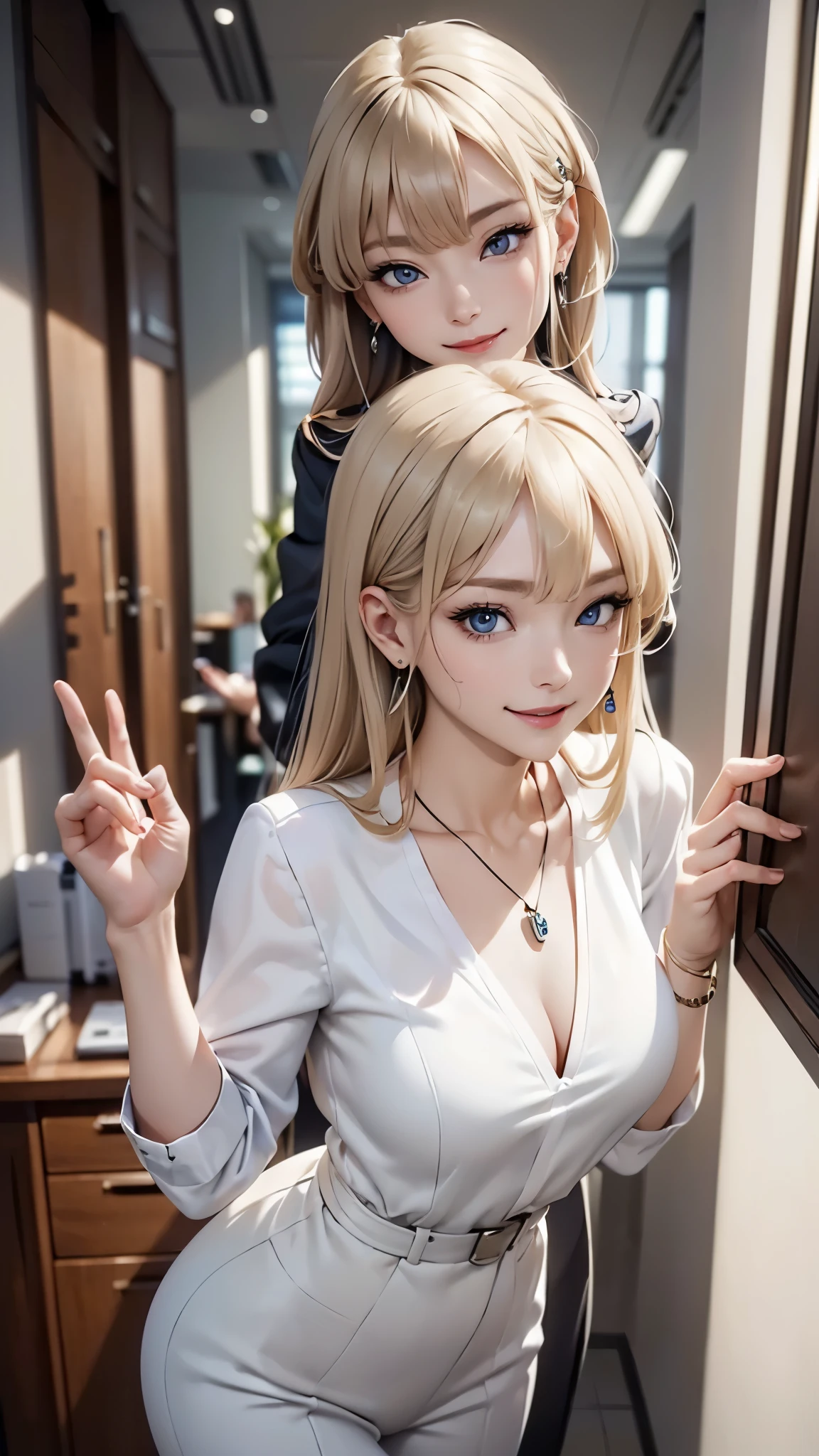 ((Biologically correct limb and finger count))、((standing position))、masterpiece、((focus on the face))、((Symmetrical facial features))、Eyes with detailed description、Beautiful woman、outstanding style、Detailed depiction of faces、earrings、necklace、(shirt、suit)、smile、Work scene in the office,