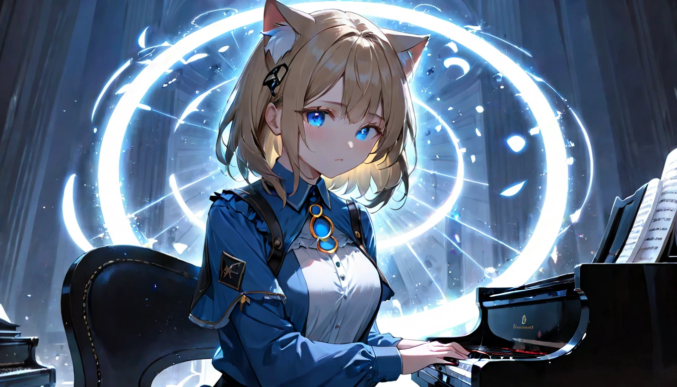 (masterpiece, best quality, very aesthetic, absurdres,general) ,
1girl, destroy the classical piano,Cat ear,clear eyes,artificial intelligence,Glowing magic circle,Sad expression, beautiful girl, medium breasts, blue cut shirt