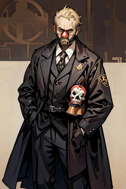 highest quality, High resolution,A man wearing a full-face gas mask、clown、uniform、wearing a full-head gas mask, skulls