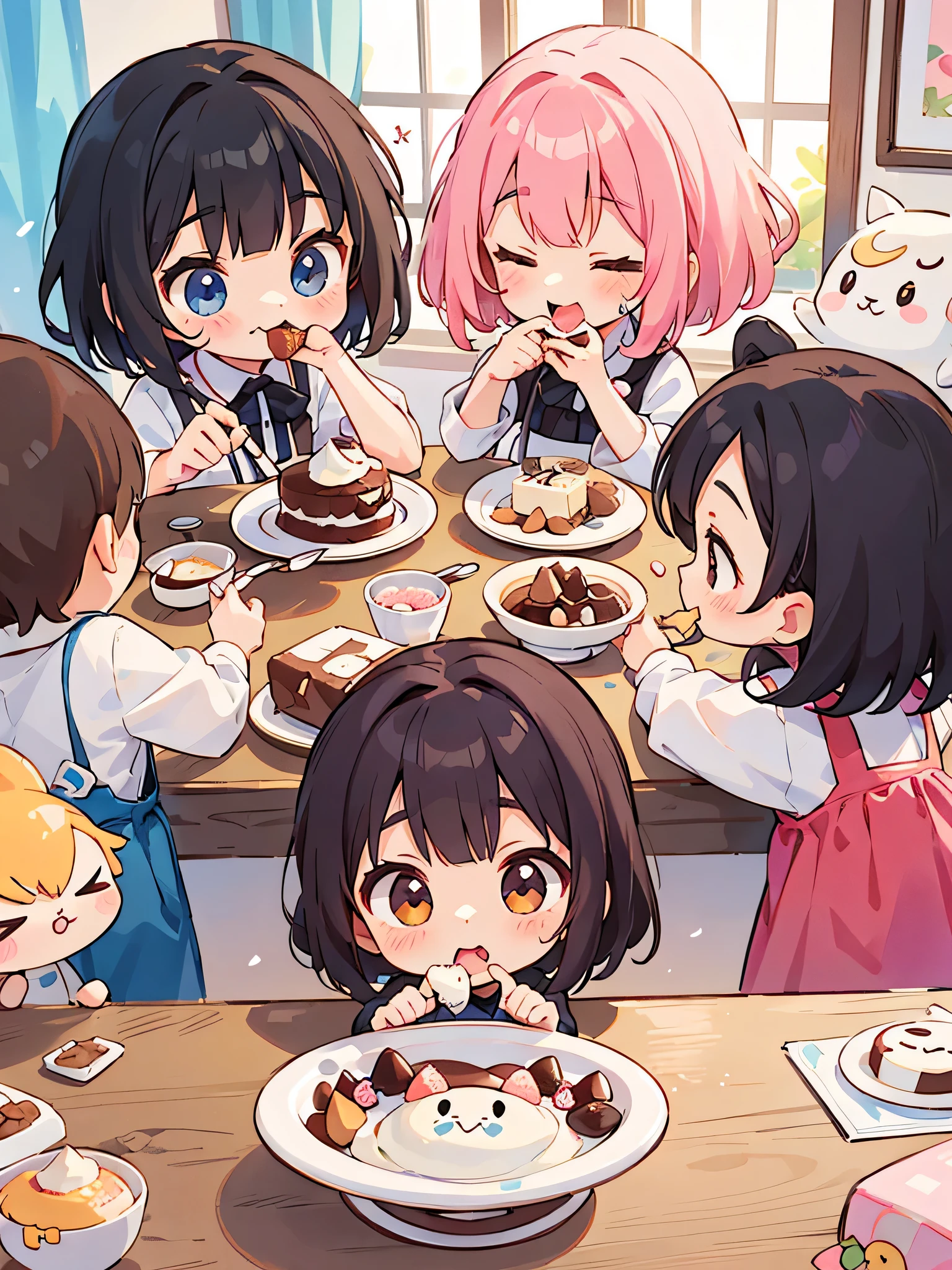Momoko Sakura style, Kawaii Design, (((10 people)))、most beautiful girl ever、Chibi, Colorful bob hair、((Lots of friends))、children's room、(((Eat pudding together)))