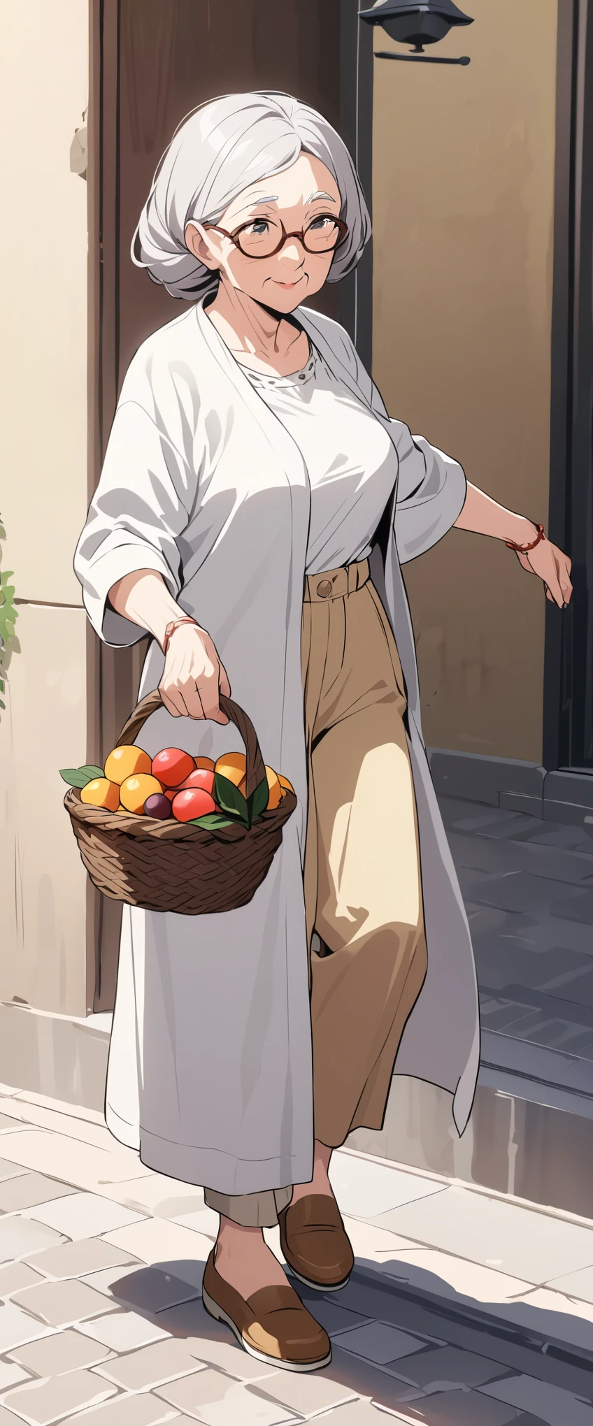 an old woman in casual clothing walks on the street with a small basket of fruits