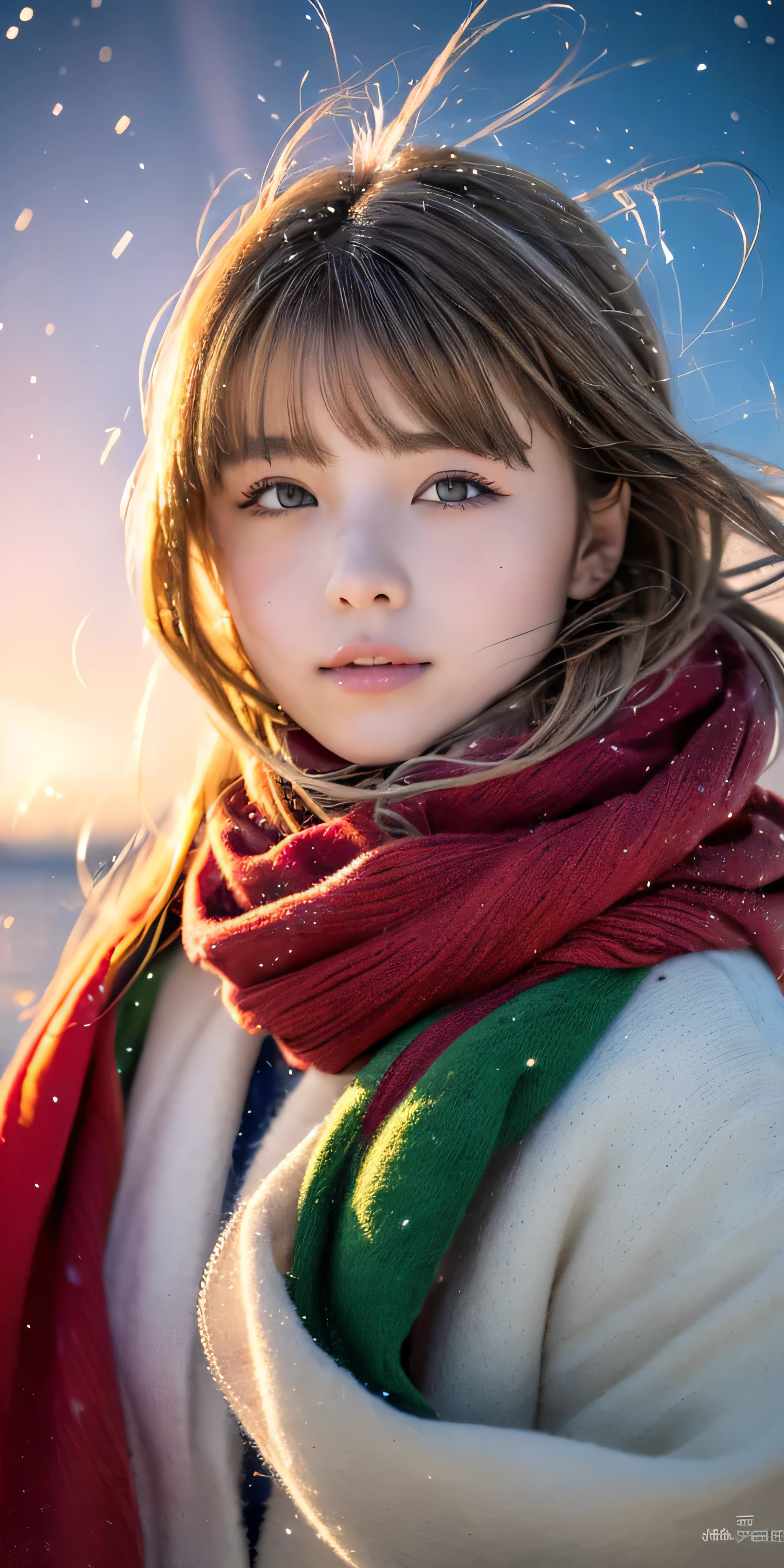 ((hair blowing in the wind、no makeup:1.2))、(realistic、Photoreal、Super detailed、best detailed skins、highest quality、masterpiece、超A high resolution)、cute russian woman、、high school girl、young girl、1 girl、have bangs、ash blonde:1.7、double eyelid、drooling eyes、Japanese style face、purity、realistic skin type、thick muffler、Gray muffler、fluffy hair、((There'hair in scarf:1.3))、red cheeks、The wind is blowing、that'It's snowing、night、illumination、Lighting from behind、hair blowing in the wind、((Antarctica、A meteor shower、A world where you can see the aurora changing from green to red))