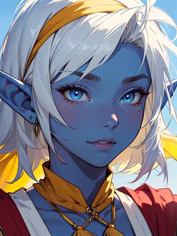 A humanoid woman, elf ears, blue skin, sky blue eyes, short white hair, yellow bandana in her hair, traditional indian inspired clothes, a flat nose, has a mole under her right eye and three on the left cheek