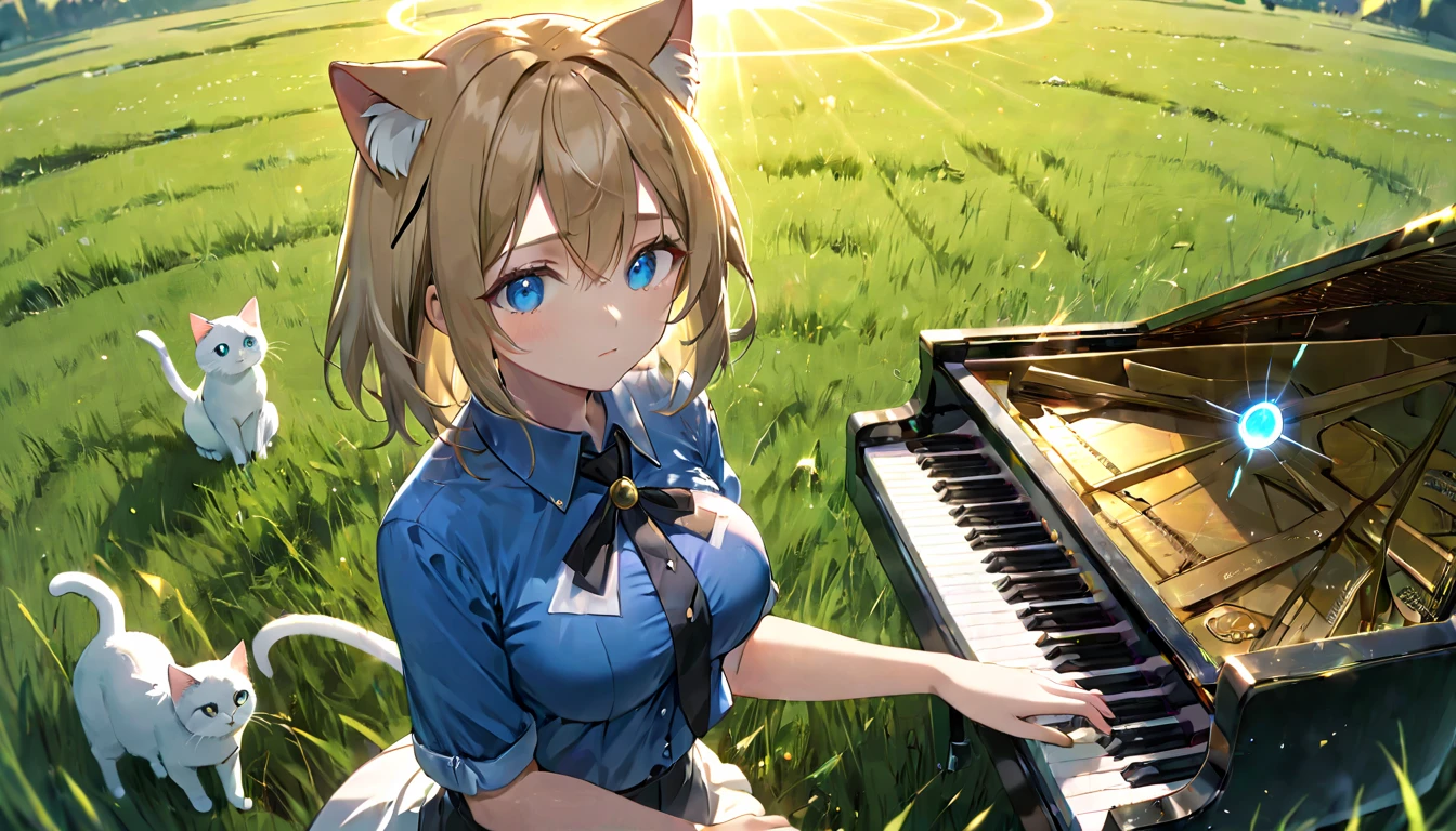 (masterpiece, best quality, very aesthetic, absurdres,general) ,
1girl, destroy the classical piano,Cat ear,clear eyes,artificial intelligence,Glowing magic circle,Sad expression, beautiful girl, medium breasts, blue cut shirt,Grassland,the sun shining in the center