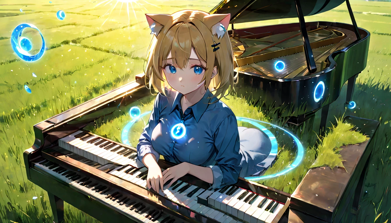 (masterpiece, best quality, very aesthetic, absurdres,general) ,
1girl, destroy the classical piano,Cat ear,clear eyes,artificial intelligence,Glowing magic circle,Sad expression, beautiful girl, medium breasts, blue cut shirt,Grassland,the sun shining in the center