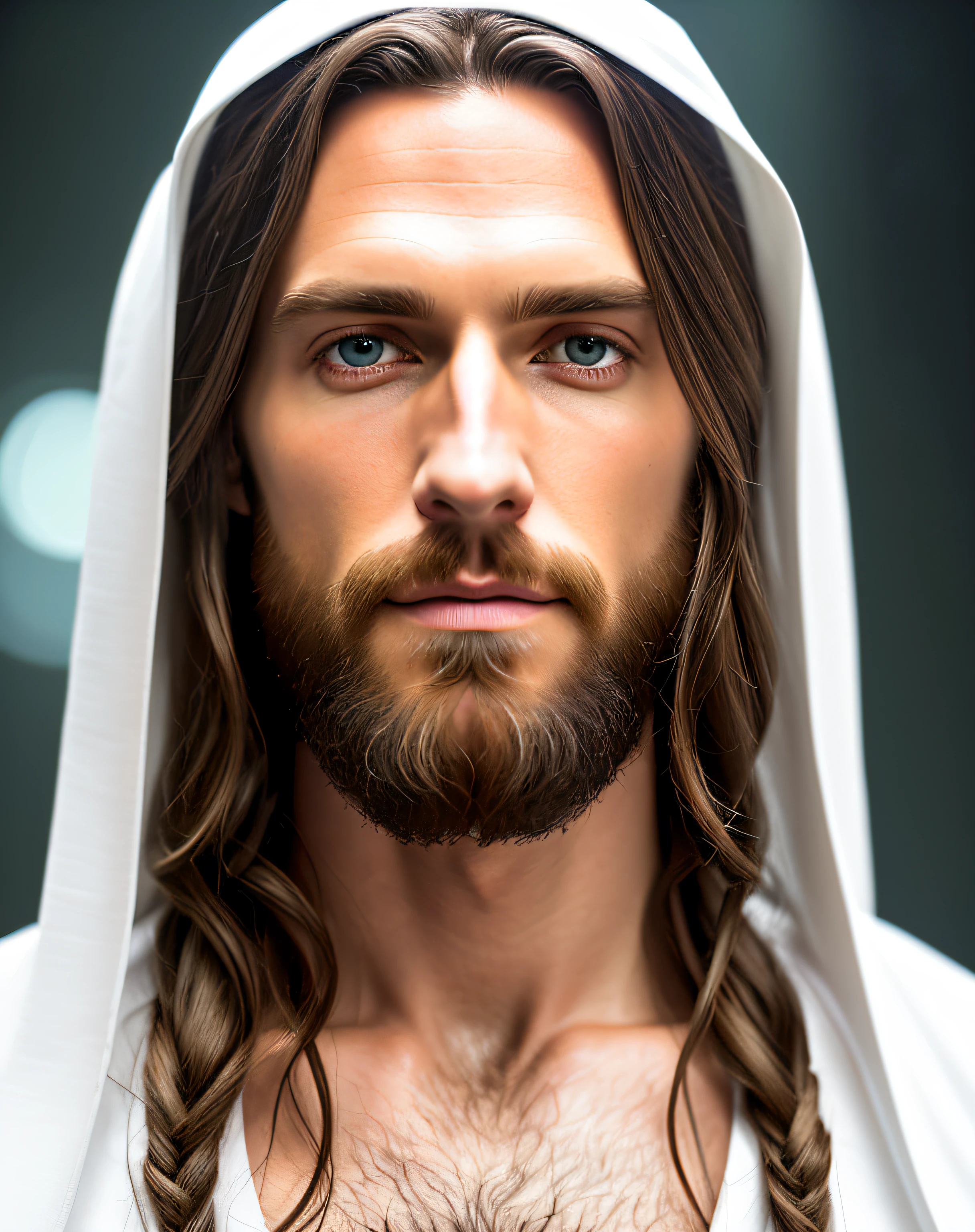 (simetria),centrado,a ((fechar)) acima do retrato,(Jesus),um homem branco muito magro, com cabelos longos e barba,vestindo um longo manto branco,35mm,Pele natural,detalhe da roupa, Textura 8K, 8k, detalhes insanos, intrincado details, hyperdetailedaltamente detalhado,realista,soft cinematic light,HDR,sharp focus, ((((cinematic appearance)))),intrincado, elegante, altamente detalhado