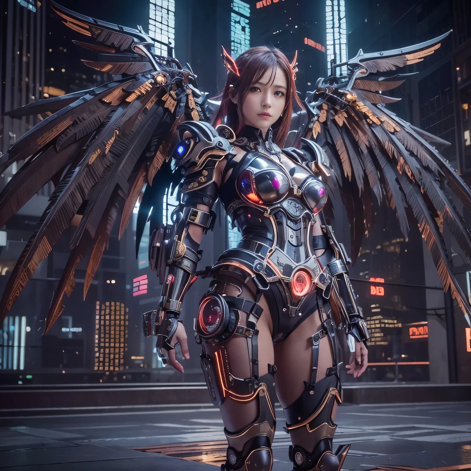 (top-quality:1.2, masterpiece)、ultra high resolution、extremely ultra surrealism, (Photorealsitic:1.4)、Raw photo、(Steampunk Battle Cyborg fallen angel)、large wings made of metal、black porcelain body、red hair、glowy skin、1 Cyborg girl、(mechanical frame:1.3)japanese, extremely cute face, ((super realistic details))、portrait、globalillumination、Shadow、octan render、8K、ultrasharp、character edge light、Details of complex ornaments、Acrylic Clear Cover、Sumerian details、Hydraulic cylinder、Small LED lamp、highly intricate detail、Realistic light、a purple eye、radiant eyes、Facing the camera、neon details、cowboy shot、Futuristic headgear、About Cyberpunk