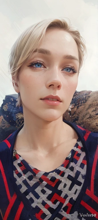 belligerent girl, Valkyrie, bold and beautiful, Short blond hair, Blue eyes, smile, Predator's Gaze, Developing hair, A look over the shoulder, Sparkling steel, Bow and arrows, weapon, heat of battle, battle, Clouds, realistic photo, high quality, masterpiece, detailed study.