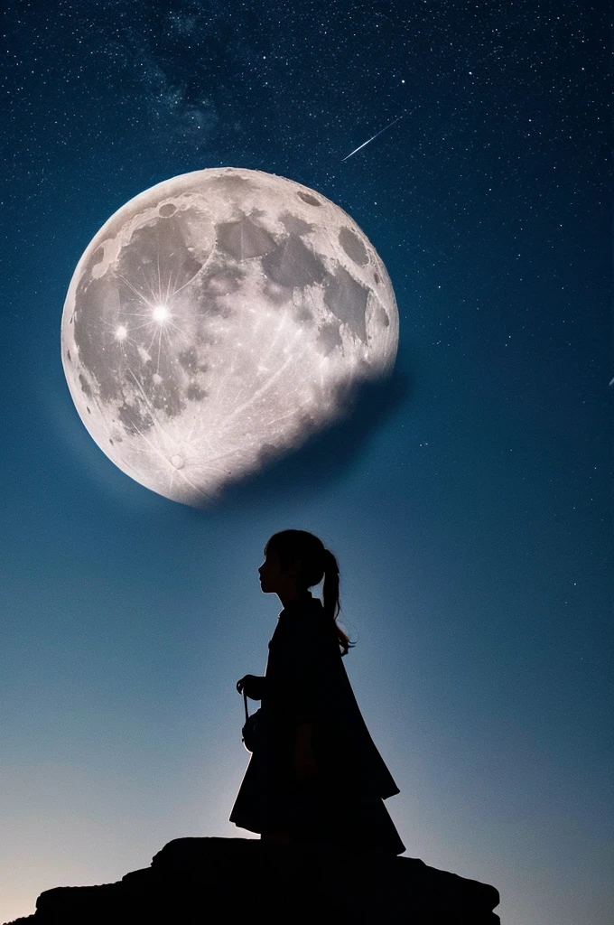 highest quality,big moon and shadow,A silhouette of a person can be seen against the background of the big moon.,There is one full moon,There is a mood,Beautiful scenery,starry sky