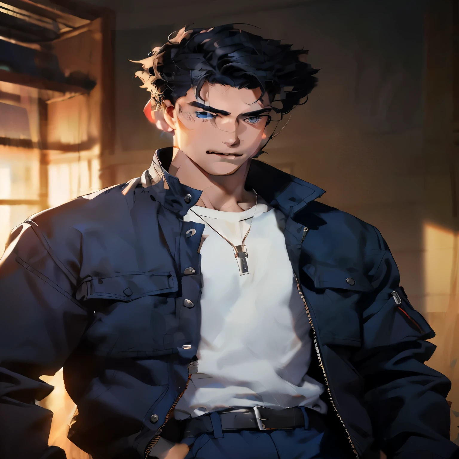 a close up of a person wearing a jacket and a white shirt, handsome anime pose, handsome guy in demon slayer art, anime handsome man, male anime style, anime portrait of a handsome man, anime realism style, artwork in the style of guweiz, tall anime guy with blue eyes, male anime character, realistic anime artstyle, young anime man