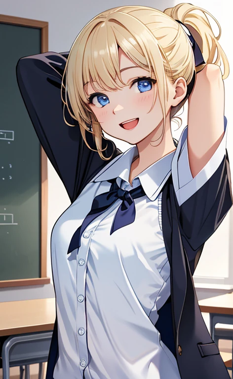 (realistic:1.4、masterpiece、top-quality、8k size wallpaper、offcial art)、(portrait,upper body:1.6)、(1girl),(seductive smile,Open mouth:1.3),(half closed eyes),cute face,blue eyes、(arms behind heads:1.5)、
,(stand),(Shining smile),
,(slender),(school uniform),(ponytail、long fluorescence blonde hair1.3), (small breasts)、
、fluorescence、classroom,JK、