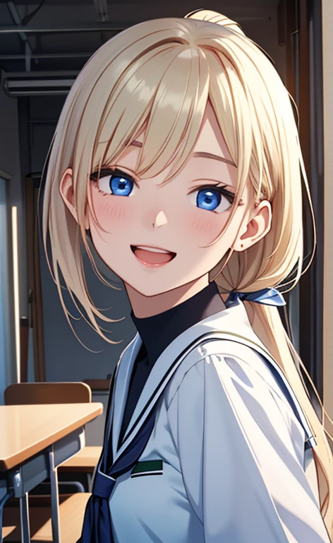 (realistic:1.4、​masterpiece、top-quality、8k size wallpaper、offcial art)、(portrait,upper body:1.6)、(1girl),(seductive smile,Open mouth:1.3),(half closed eyes),cute face,blue eyes、(arms behind heads:1.5)、
,(stand),(Shining smile),
,(slender),(school uniform),(ponytail、long fluorescence blonde hair1.3), (small breasts)、
、fluorescence、classroom,JK、