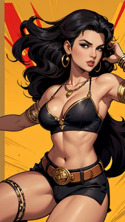 1woman 30year old, pin-up,solo, long hair, looking at viewer, black hair, navel, cleavage, bare shoulders, brown eyes, jewelry, medium breasts, earrings, midriff, belt, necklace, bracelet, lips, armlet, ((dynamic pose)), ((dynamic angle)),