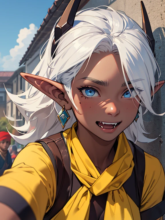 A humanoid woman, elf ears, dark blue skin, sky blue eyes, short white hair, yellow bandana in her hair, traditional indian inspired clothes, a flat nose, has a mole under her right eye and three on the left cheek, fangs