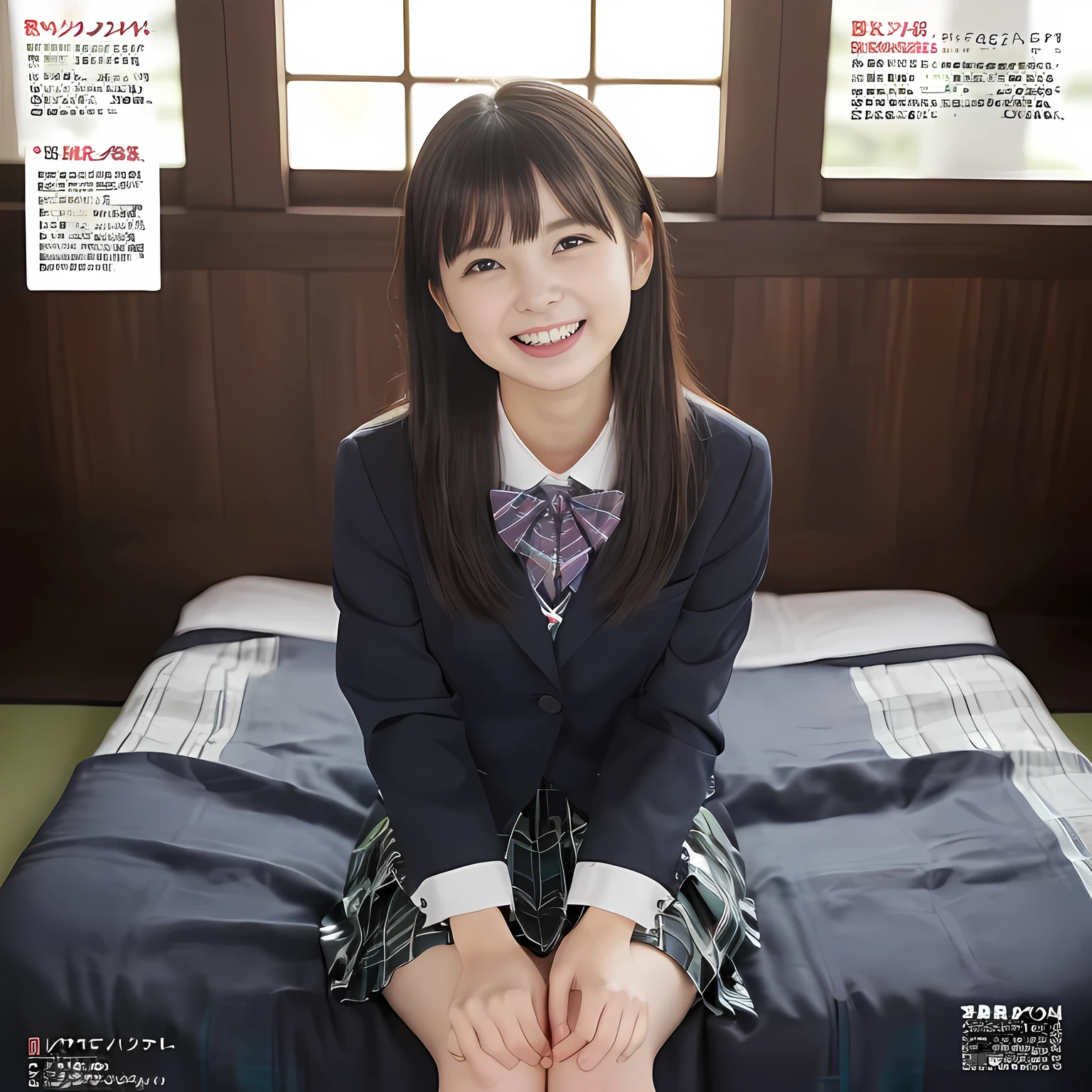 (highest quality、masterpiece:1.2)、highest quality、realistic、photograph、High resolution、1080p、8K、The face is especially pale., physical rendering、((Height: 155cm)), one Japanese girl、((A siren in the form of a 15-year-old Japanese junior high school student is sitting.)), (((((Beautiful girl fashion model in a Japanese magazine))))), , (((big very detailed beautiful dark brown eyes))), ((blue girly large wine-red glossy polyester Japanese school ribbon bow tie)), (((black very beautiful and very very long straight hair))), ((((deep blue colored tartan checkered formal long pleated pleated skirt)))), ((A unpatterned formal dark blue blazer in solid that is slightly oversized and has an emblem on the left chest.)), (((((((laughing at me!))))))), mouth is open, The large blazer and skirt are very cute., detailed fingers, Slender body, ((curled bangs)), so beautiful, ((Very big and very very very cute eyes of a Japanese girl)), ((large pupils)), double eyelids, The entire skirt is photographed, thin eyebrows, ((drooping eyes)), (((very long eyelashes))), ((cute lovely lovely laughing laughing cheeks)), ((Pure white light hits her face from above and in the front, making her skin and eyes shine beautifully.)), ((Strong light hits the nose and cheeks、It brings out the richness of the expression.)), (((((Her face is expressive, pure and very intelligent.))))), (((looking at the viewer))), (((((At a very gorgeous underground holy sacred room with a very gorgeous and very divine bed)))))