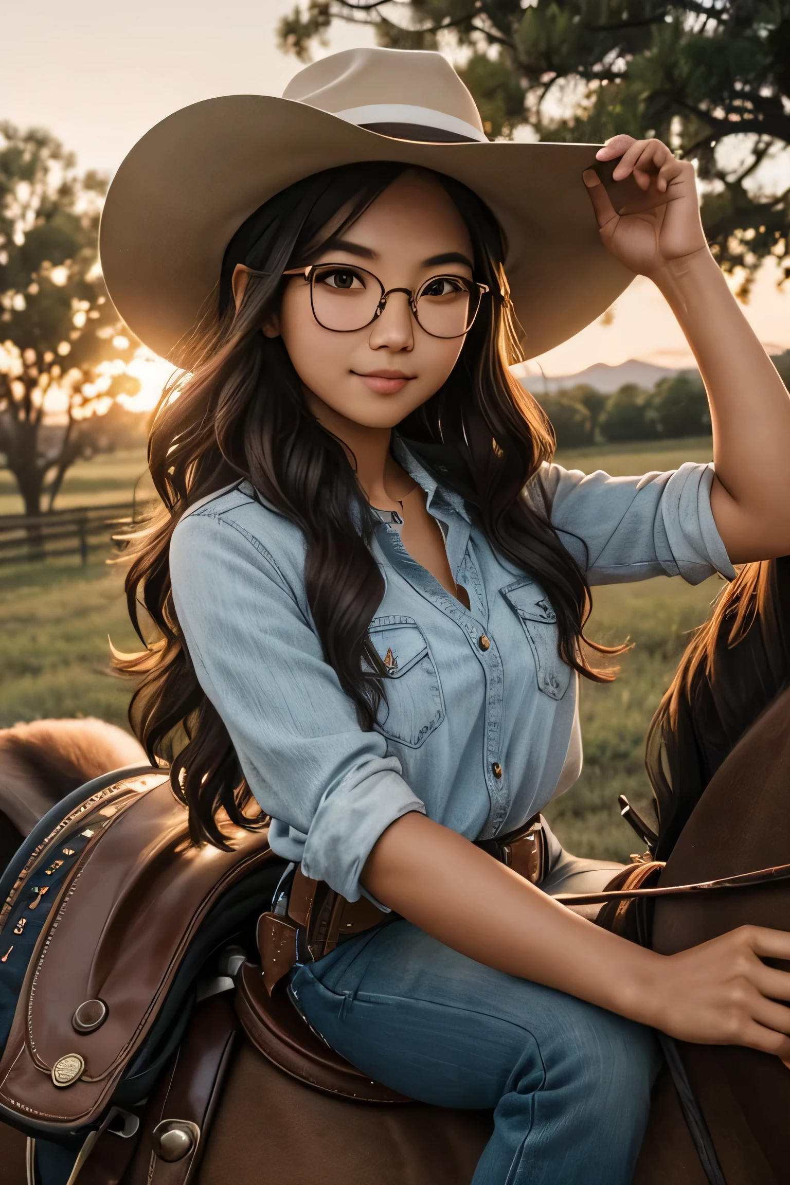Detailed face of half body photo. 25 year old Indonesian girl with a sweet face, big round face and long brown wavy hair, round glasses, wearing modern cowboy style clothing complete with hat, taking photos on a United States ranch while riding a horse at dusk