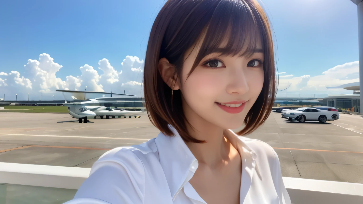 product quality, upper body shot, Front view, Stylish cafe terrace at the airport, 1 girl, young beautiful japanese woman, short bob hair, hyper pretty face, glamorous, I wear a satin silk white shirt with short sleeves and long sleeves with a collar, A big smile on the airport cafe terrace, glossy lips, double eyelids of both eyes, natural makeup, long eyelashes, Shiny and smooth light brown hair, asymmetrical bangs, sunburned skin, center image, High resolution, high detail, detailed hairstyle, detailed face, movie lighting, surreal, perfect body,Before leaving for overseas travel