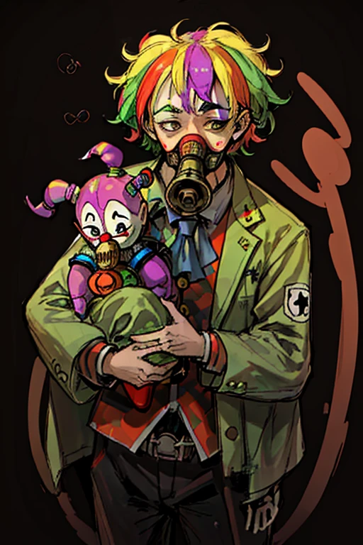 highest quality, High resolution,A man wearing a full-face clown-like gas mask、clown、uniform、(wearing a full-head gas mask),Psychedelic colors
