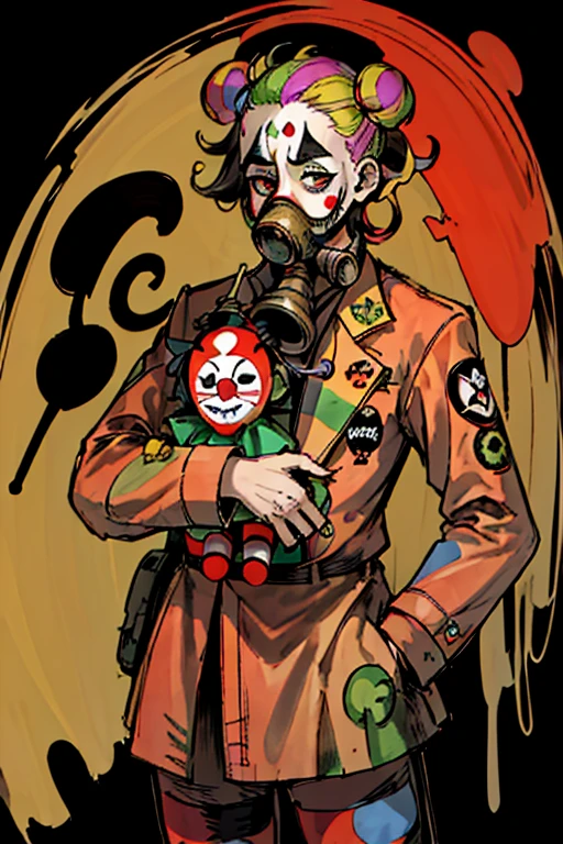 highest quality, High resolution,A man wearing a full-face clown-like gas mask、clown、uniform、（wearing a full-head gas mask）,Psychedelic colors 

