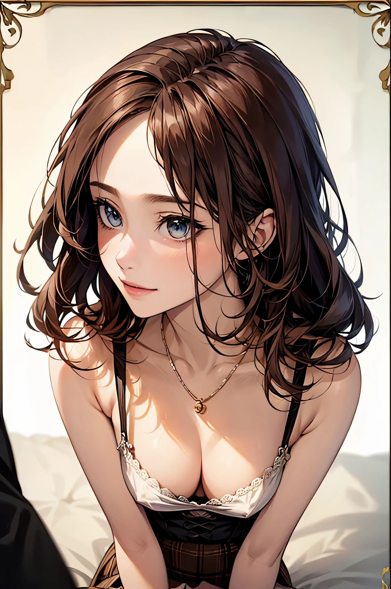 ((Biologically correct number of limbs))、(( Upper body photo including face and feet))、4K、((standing position))、masterpiece、((focus on the face))、((Symmetrical facial features))、Eyes with detailed description、Beautiful woman、outstanding style、beautiful legs、slender body、(stockings、high heels）、Detailed depiction of faces、small earrings、necklace、（Halter neck shirt、plaid skirt)、(((white frame photo)))、profile、smile、Low - Angle、gorgeous