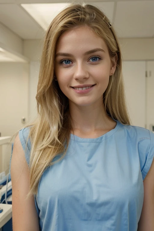 Realistic photo, 24-year-old female doctor standing in hospital, slim, long light blonde hair, blue eyes, smiling, American