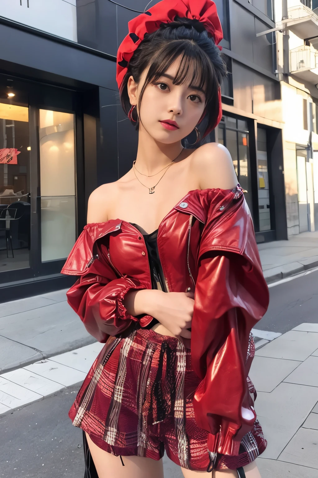 cute punk idol、whole body、good style、、、、、Skull Print Red Punk Costume(off shoulder)、、short hair