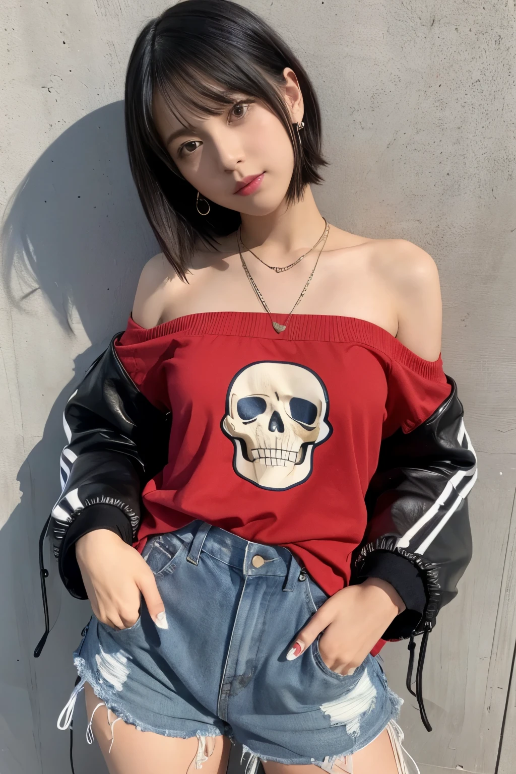 cute punk idol、whole body、good style、、、、、Skull Print Red Punk Costume（off shoulder）、、short hair