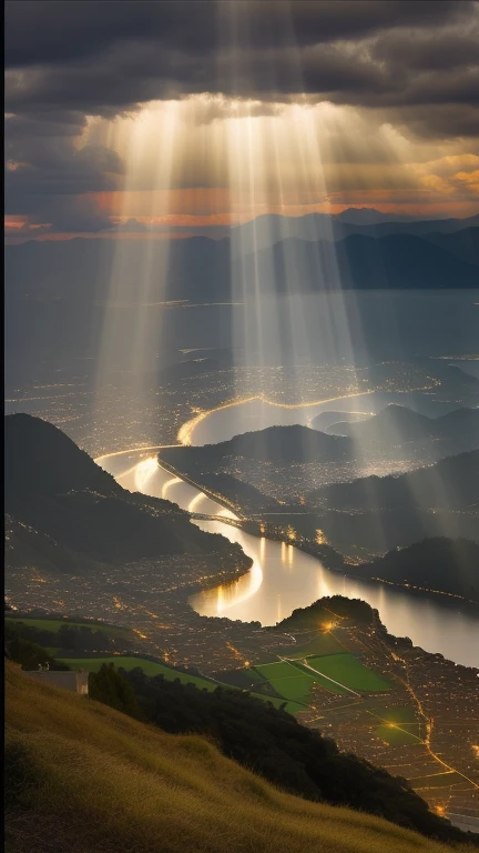 panoramic view of a lake and a city with a sky background, feixes de luz from sky, belos raios de luz, raios de luz sagrados, explodindo com luz sagrada, raios de luz de cima, god raios de luz, breathtaking lights, incredible light, feixes de luz, luz celestial, luz celestials, raios de luz, feixes de luz, incredible light, lightbeams shining through