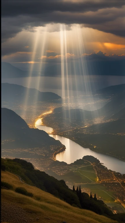 panoramic view of a lake and a city with a sky background, feixes de luz from sky, belos raios de luz, raios de luz sagrados, explodindo com luz sagrada, raios de luz de cima, god raios de luz, breathtaking lights, incredible light, feixes de luz, luz celestial, luz celestials, raios de luz, feixes de luz, incredible light, lightbeams shining through