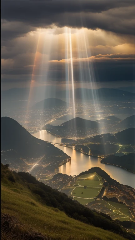 panoramic view of a lake and a city with a sky background, feixes de luz from sky, belos raios de luz, raios de luz sagrados, explodindo com luz sagrada, raios de luz de cima, god raios de luz, breathtaking lights, incredible light, feixes de luz, luz celestial, luz celestials, raios de luz, feixes de luz, incredible light, lightbeams shining through