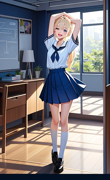 (realistic:1.4、masterpiece、top-quality、8k size wallpaper、offcial art)、(portrait,full body:1.6)、(1girl),(seductive smile,Open mouth:1.3),(half closed eyes),cute face,blue eyes、(arms behind heads:1.5)、
,(stand),(Shining smile),
,(slender),(school uniform),(ponytail、long fluorescence blonde hair1.3), (small breasts)、
、fluorescence、classroom,JK、