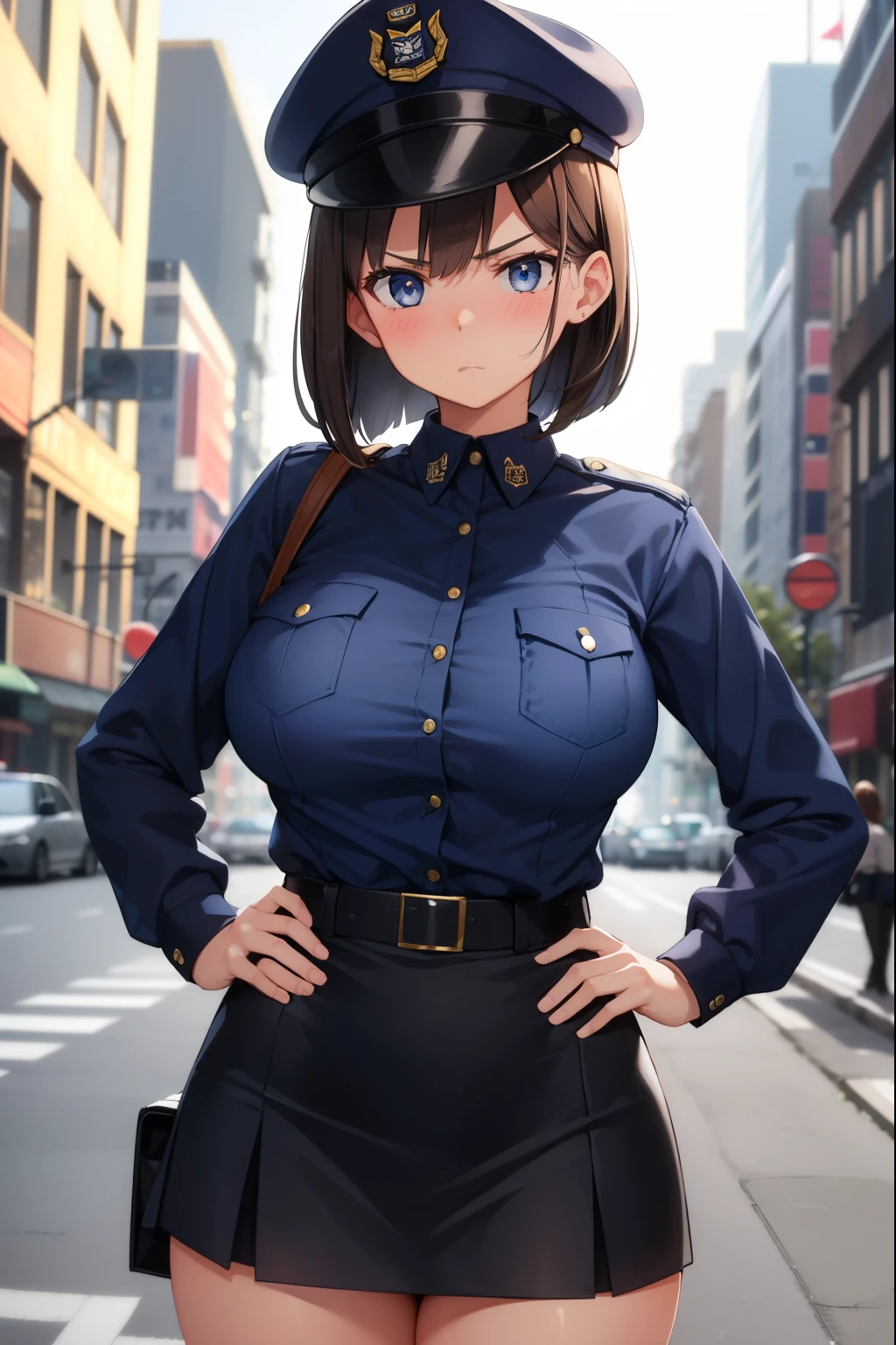 ,1 girl,Navy Blue American Police,navy blue mini skirt,Navy blue police hat,serious face,brown hair,bob hair,New York city,big breasts,blush,put your hands on your hips