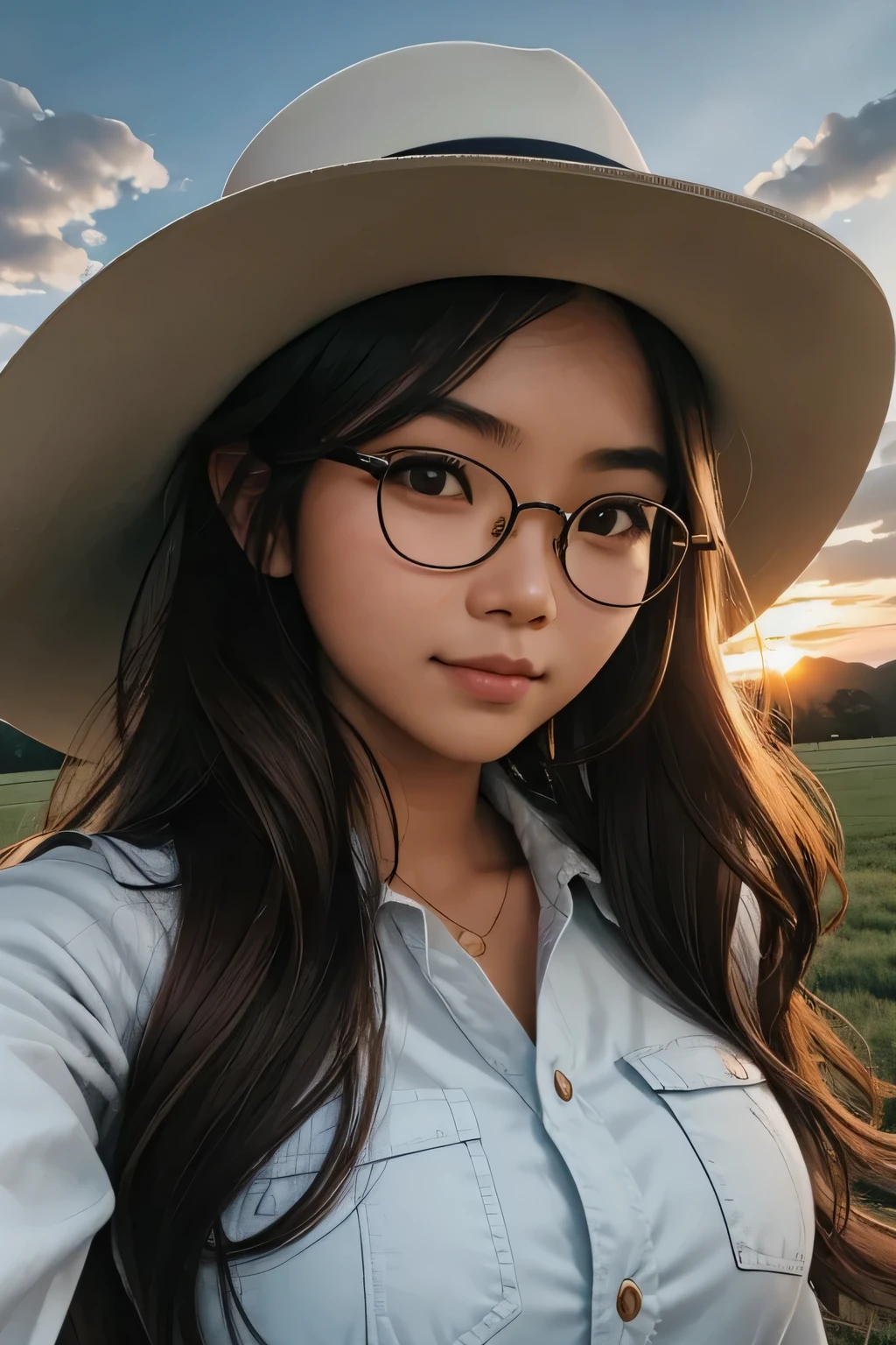 Detailed face of half body photo. 25 year old Indonesian girl with a sweet face, big round face and long brown wavy hair, round glasses, wearing modern cowboy style clothing complete with hat, taking photos on a United States ranch while riding a horse at dusk